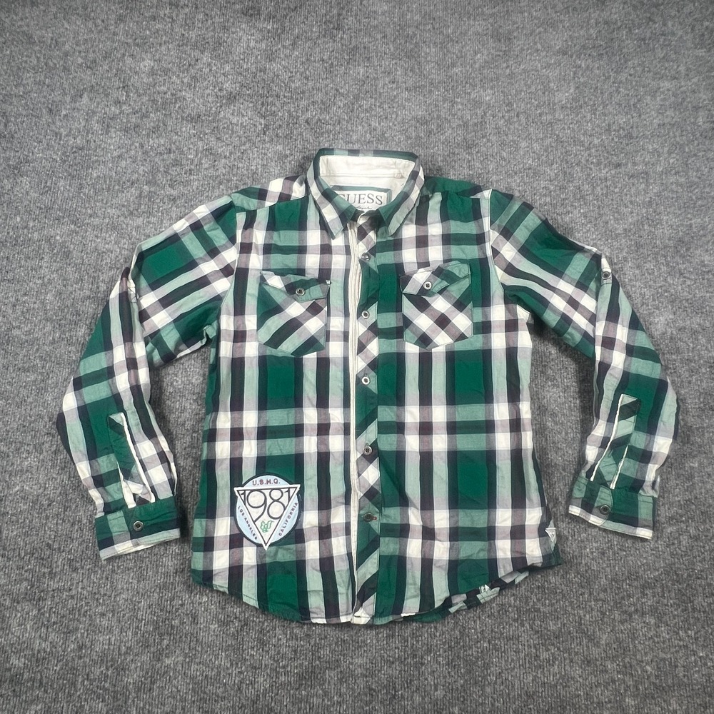 Guess Flannel Shirt Womens M 12/14 Green White Plaid Cotton Button Front Casual